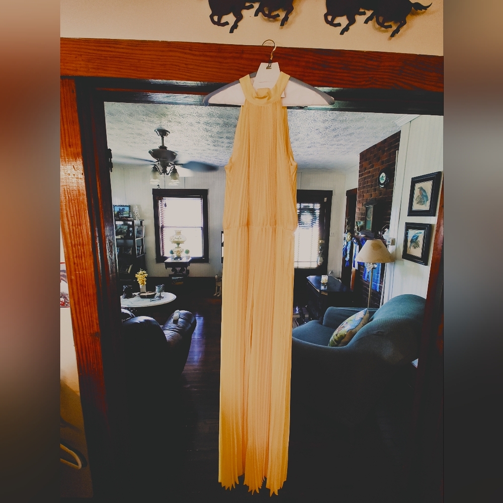 Boston Proper Elegant Lemon Yellow Pleated Halter Jumpsuit